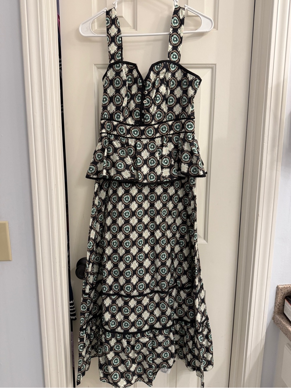 Hunter Bell Lacey Dress Black and Teal Geometric Peplum Maxi Dress